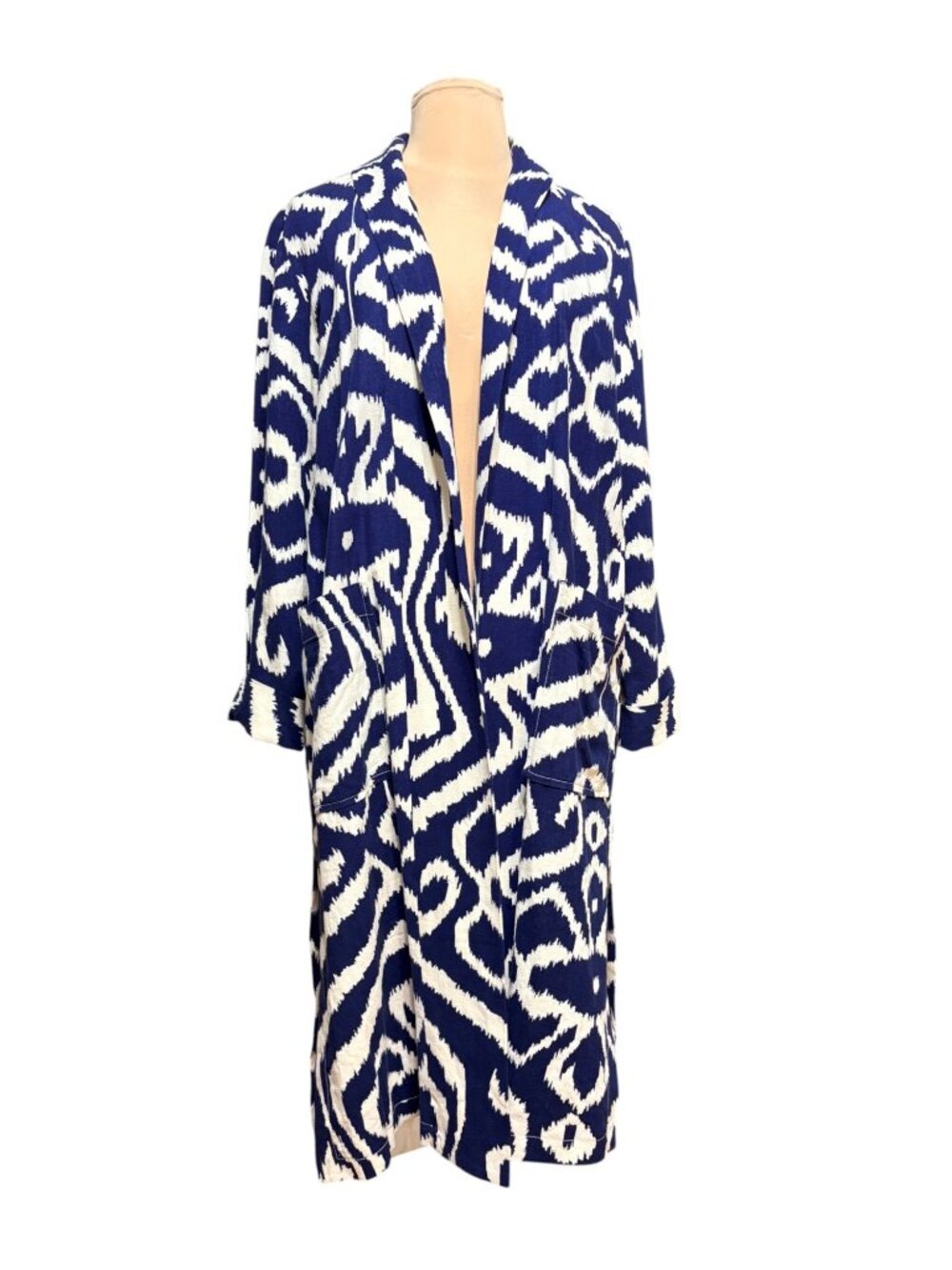 Anthropologie Ikat Coat Lightweight Midi S Royal Navy Blue White EUC Boho